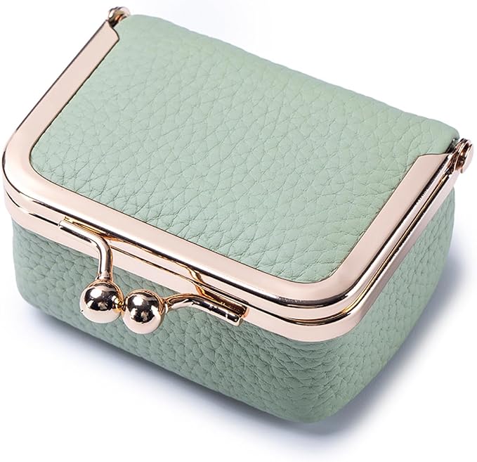 Genuine Leather Mini Jewelry Box - Vintage-Inspired Travel Jewelry Organizer with Kiss Lock, Compact Ring Box for Women, Perfect for Earrings, Rings, Necklaces, Bracelets (B Green)