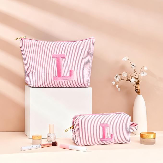Initial Makeup Bag Set - Cute Pink Stuff for Women, Personalized Makeup Pouch Cosmetic Bag, Travel Essentials Toiletry Bag, Birthday Christmas Gifts for Women Stocking Stuffers, Pink Letter E