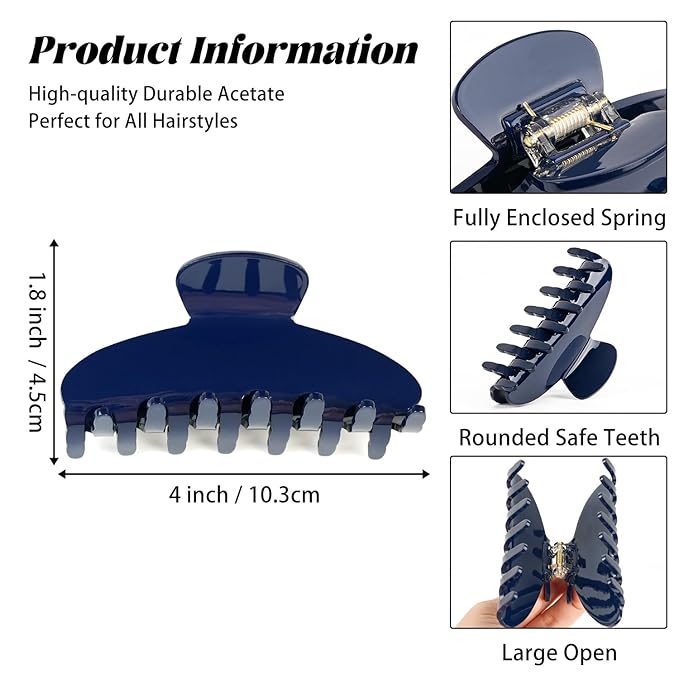 MAORULU Cute Claw Clip for Women – 4.3'' Large Acetate Hair Clips for Thick Thin Curly Long Hair, Durable Hair Clamps Non-slip Jaw Clip, Strong Hold, Stylish French Design (Navy Blue)