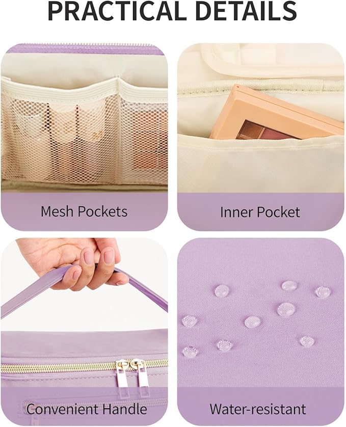 Wandering Nature Large Makeup Bag, Travel Make Up Organizer Cosmetic Brush Bags Case for Women in Fabric,Purple,Patent Pending