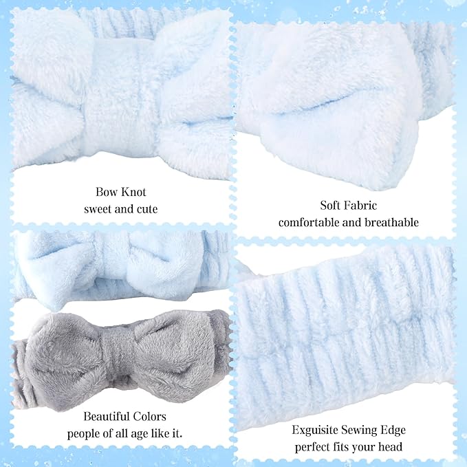 WHAVEL 6PCS Spa Headband and Wristbands Set, Face Wash Headband Wrist Bands for Washing Face Skincare Makeup Hair Band Skin Care Accessories Tools，Blue&Gray