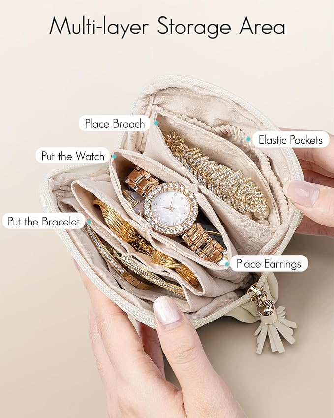 VLANDO Small Travel Jewelry Case,Wedding Gifts for Women,Jewelry Pouch Bags with Zipper,Velvet Jewelry Organizer Storage Bag for Bracelet Rings Earring-Cream White