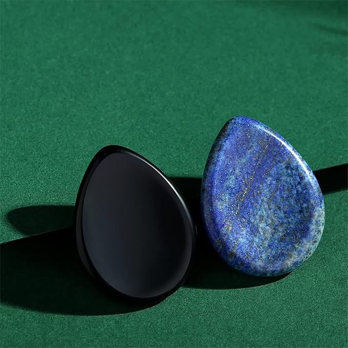 2PCS Thumb Worry Stone Lapis Lazuli Obsidian Healing Crystals Sets Hand Carved Stones Gemstone Pocket Natural Stone Meditation Reiki Water Drop Shaped Palm Stone for Anxiety Therapy