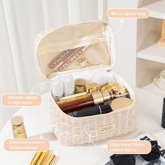 Makeup Bag for Women Quilted Cotton Make Up Bag Travel Cosmetic Bag Large Makeup Bag Cute Makeup Bags Organizer Floral Toiletry Bag Makeup Pouch for Purse, Pink Floral B-1PCS