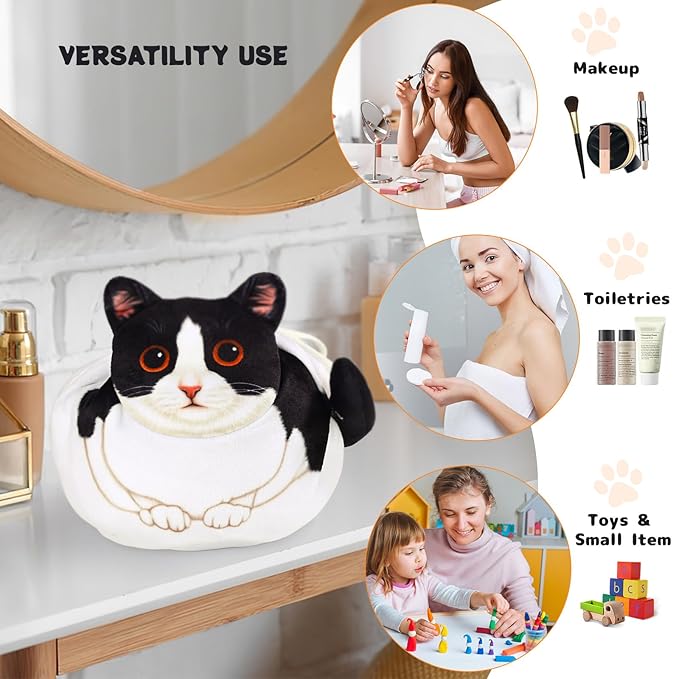 Drawstring Makeup Bag, Cat Makeup Bag, Travel Makeup Organizer, Cosmetic Pouch Bag, Cat Gift for Women, Lay Flat Makeup Bag Gifts for Cat Lovers