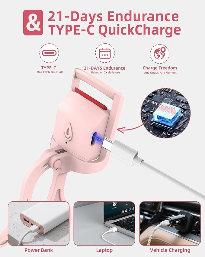 Heated Eyelash Curler, 5s Fast Heating Electric Eyelash Curler, Safe Anti-Burn Eyelash Curlers with Silicone Pad, Type-C Quick Charge, Intelligent Temp Control, 24H Long-Lasting Curls (Pink)