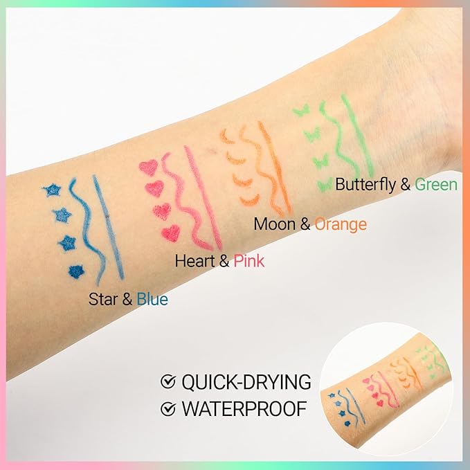 Erinde 4PCS Liquid Eyeliner Stamp Set, Double-Ended Colored Winged Eyeliner Pens with Face Stamps, Blue Star, Pink Heart, Orange Moon, Green Butterfly Waterproof Winged Eye Liner, Cosplay Eye Makeup