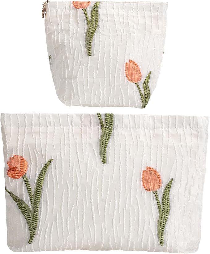 2-Pack Tulip Print Makeup Bag Set - White Fabric Cosmetic Organizer Pouches (1 Large + 1 Small) for Daily & Travel Use