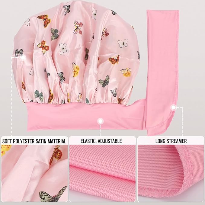 Arqumi Pack of 2 Satin Sleeping Bonnet, Large Sleep Bonnet, Long Strap, Adjustable Sleep Cap Hair Bonnet with Butterfly Pattern, Black+Pink