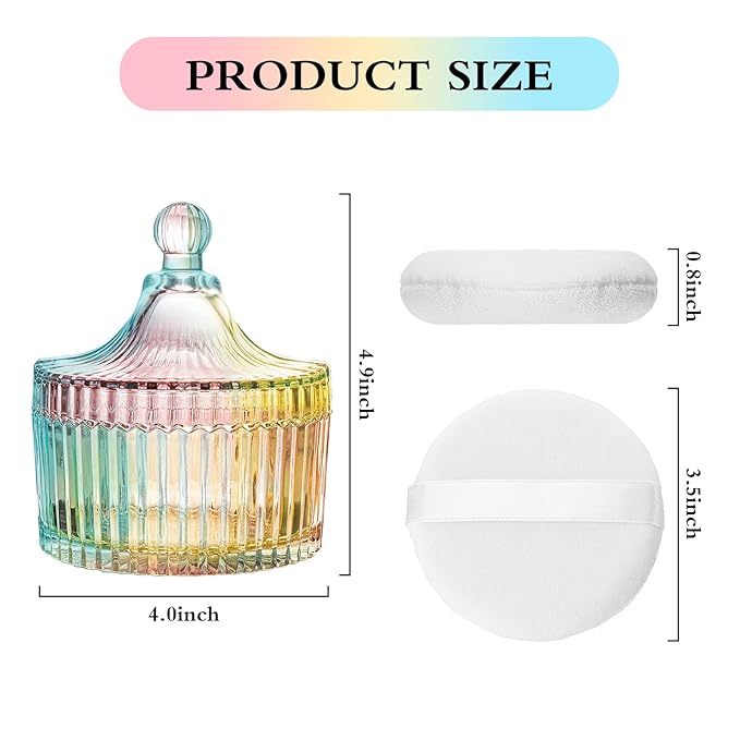 2 Piece Dusting Powder Container with Puff - Large Body Powder Puff and Container, Crystal Glass Powder Container with Puff Soft Velour Washable Reusable Face & Body Use (Colorful)