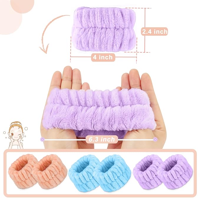 Microfiber Spa Wrist Towel Bands - Absorbent Face Washing Sweatbands for Girls to Prevent Water Spilling Down Arms, 6PCS