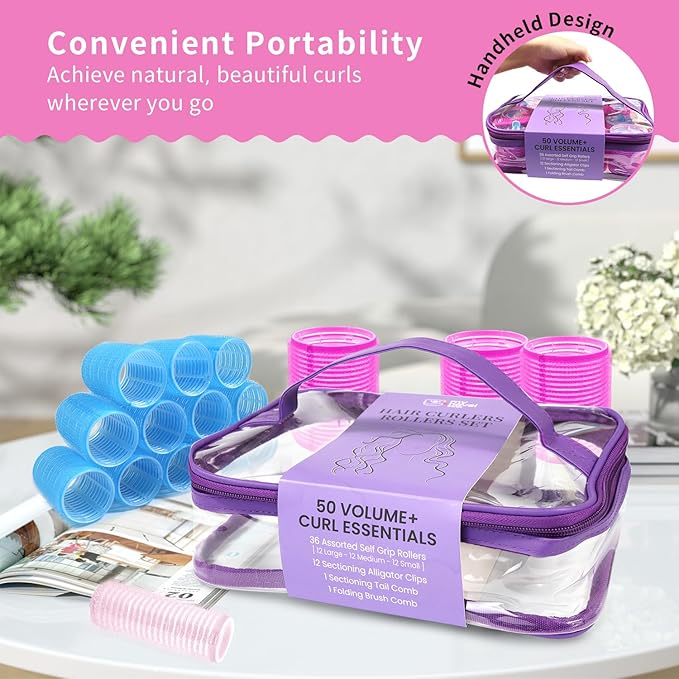 Hair Rollers Large Small 50PCS Set, 36PC Large Medium Small Hair Rollers for Volume Curlers with 12PC Clips 1 Tail Comb and 1 Folding Brush Comb for Short Medium Blowout Look Long Hair