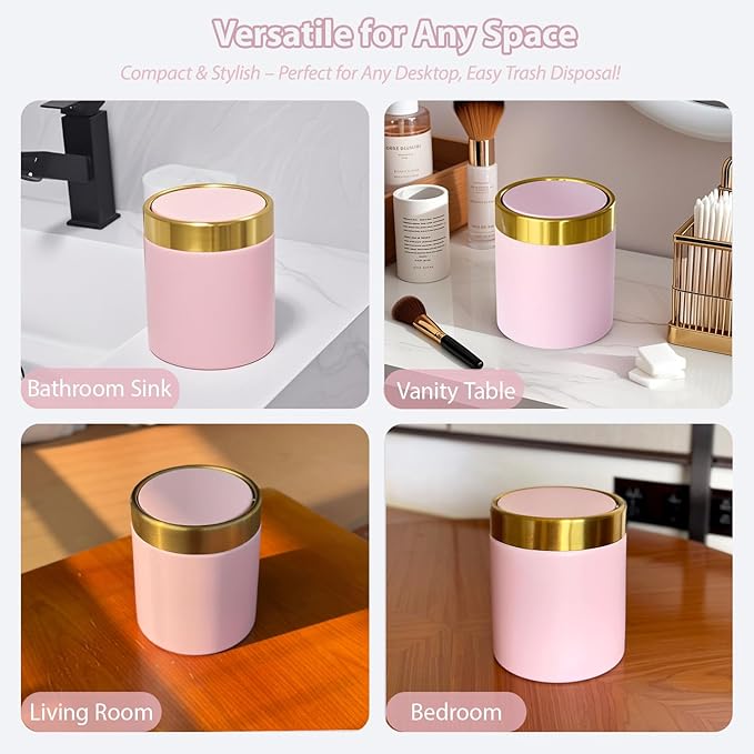 Mini Trash Can with Lid, 1.5 Liter / 0.4 Gallon Small Metal Desk Garbage Bin for Countertop, Coffee Bar, Vanity – Pink