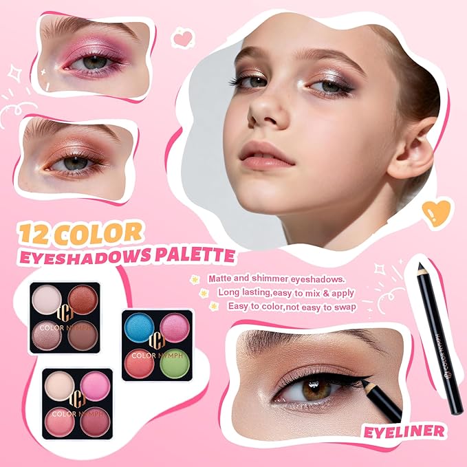 Color Nymph Girls Makeup Kit For Teen Girls with Storage Box, All In One Girl Makeup Sets for Women Full Kit with Eye shadow Blush Contour Highlighter Lipgloss Lipliner Eyeliner Lip Balm and Mirror