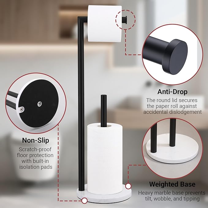 Hoooh Free Standing Toilet Paper Holder with Reserve - Heavyweight Marble Base & Matte Black Stainless Steel Bathroom Tissue Stand