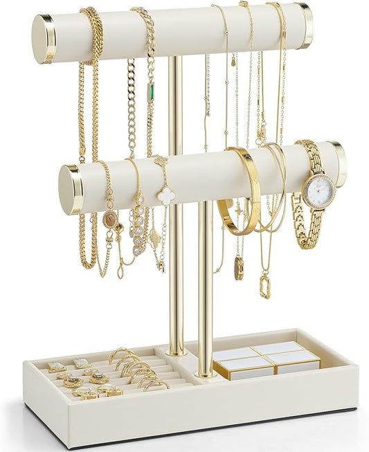 VLANDO 2 Tier Bracelet Holder Organizer with Tray - Leather Jewelry Stand Organizer for Women - Jewelry Holder Display for Necklace, Watches, Rings, Earrings, Bangle, Scrunchie - Cloud White