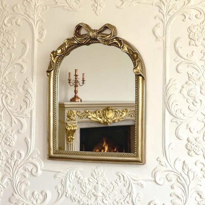 Vintage Carved Resin Desk Mirror - 13x10 Inch Decorative Vanity Mirror for Makeup, Dorm, Bedroom & Tabletop Deco (Bow Champagne Gold, 13" L x 10.2" W)