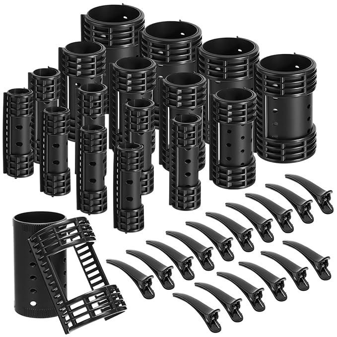 WILLBOND 65 Pieces Magnetic Hair Rollers Set Plastic Rollers Curlers with Clips 4 Sizes for Long Medium Short Hair, Duck Clips Hairnet Hairdressing Styling Tool(Black)