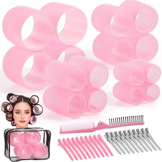 Obeoby 4 Sizes Rollers Hair Curlers for Women, 38 Pcs Set Hair Rollers Heatless 25mm 36mm 48mm 60mm Self Grip Hair Rollers with Clips, Curlers for Long Short Thick Thin Hair Bangs, Pink