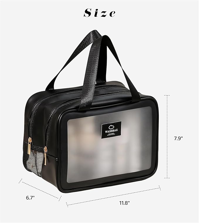 Large Travel Toiletry Bag with Dry Wet Separation–Waterproof Wash Bag for Man and Women, Clear & Matte shower bag for Gym, Overnight, Swimming, and Business Trips (Black)