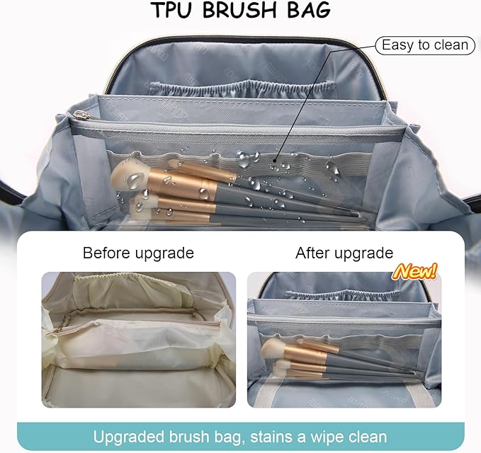 BOYATU Travel Makeup Bag Organizer Cosmetic Bag: 3 Pcs Set Make up Bags for Women with Handle - Waterproof Vegan Leather Toiletry Bags Travel Essentials Pouch with Compartments (01-C-Blue)