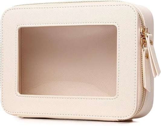 Clear Makeup Bag Women's Waterproof Travel Cosmetic Case and Toiletry Bag Portable Makeup Organizer Bag Car Essential with Zipper (Beige, M-1)