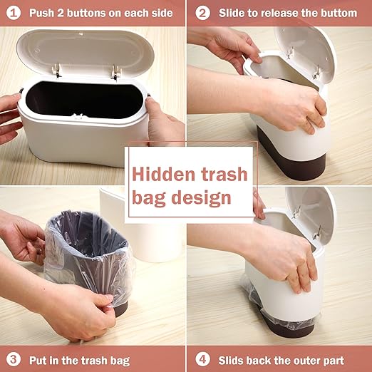 Mini Desk Trash Can with Lid with 90 Pcs Trash Bag, Lint Bin 0.5 Gallon Countertop Waste Bin for Table Tiny Garbage Can for Office Bedroom (White)