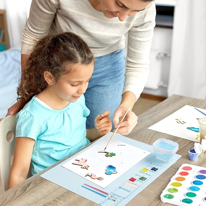 Silicone Art Mat with Cup, Painting Mat for Crafts Resin Casting, Artist Mat with Pen Holders for Kids Gift, Clay, DIY Creations and Play Doh, Christmas Gift for Kids (Blue)