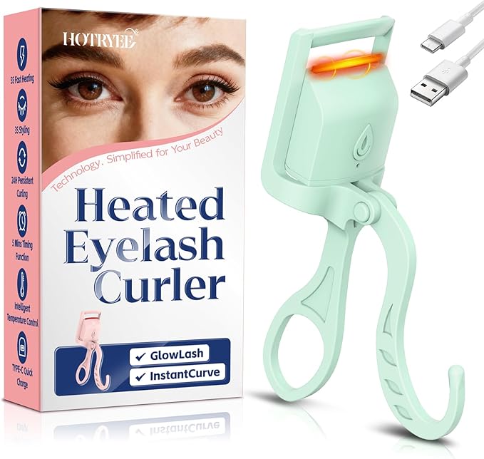 Heated Eyelash Curler, 5s Fast Heating Electric Eyelash Curler, Safe Anti-Burn Eyelash Curlers with Silicone Pad, Type-C Quick Charge, Intelligent Temp Control, 24H Long-Lasting Curls (Green)