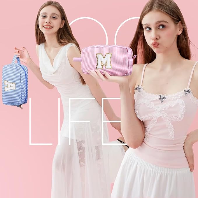 YOOLIFE Birthday Gifts for 6 7 8 9 10 11 12 13 14 15 Year Old Teen Girl - Initial Makeup Bag Letter Toiletry Pouch Cosmetic Case, Personalized Teen Girl Gifts Trendy Stuff, Blue C