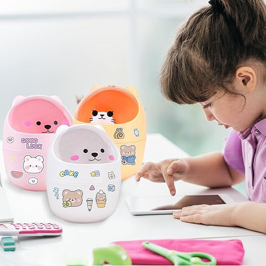 Cute Desktop Tiny Trash Can with Flip Lid, Creative Kawaii Bear Mini Wastebasket, Portable Countertop Dustbin for Office Kitchen Vanity Tabletop Bedroom (Pink)