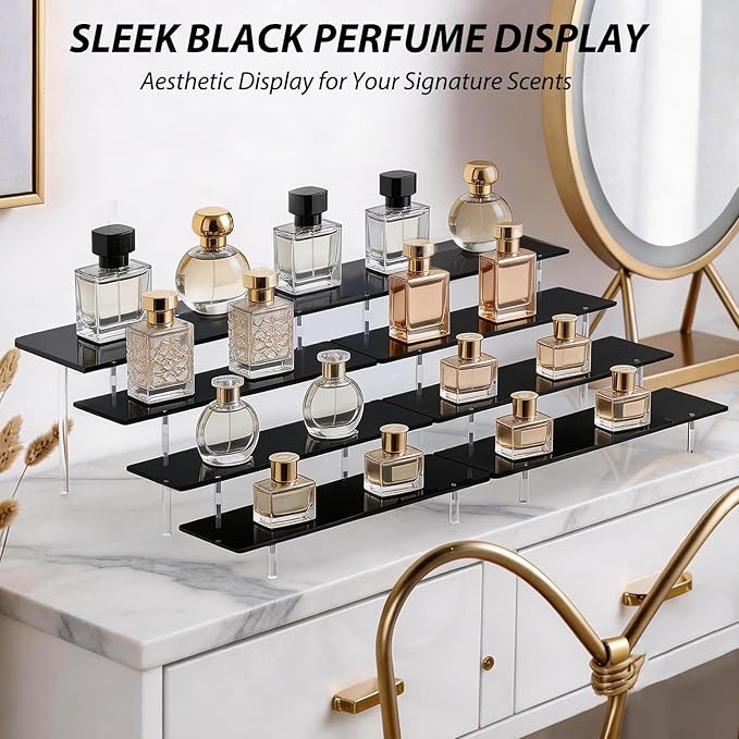 Acrylic Riser Display Stand, Black 4 Tier Cupcake Stand Display Risers Shelf Perfume Cologne Organizer Compatible with Funko Pop Food Dessert Makeup Skincare Cosmetics Lotion Organizer (1 PACK)