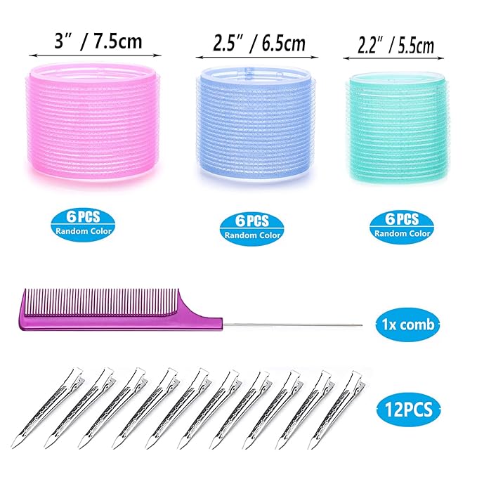 3'' Extra Large Hair Rollers Set for Long Hair, Jumbo Self-Grip VelcroRollers for Salon-Volume & Big Curls, 31 PCS with 3 Sizes (3"/2.5"/2"), Includes Clips & Comb, Travel Pack