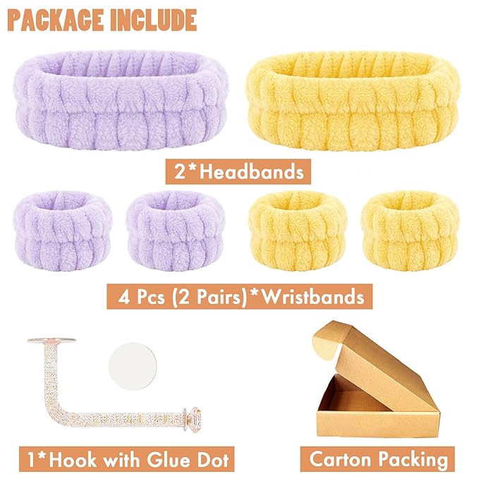 Face Wash Headband and Wristband Set of 2, Purple and Yellow, Microfiber, One Size, with Holder for Washing Face, Absorbent Spa Wristbands