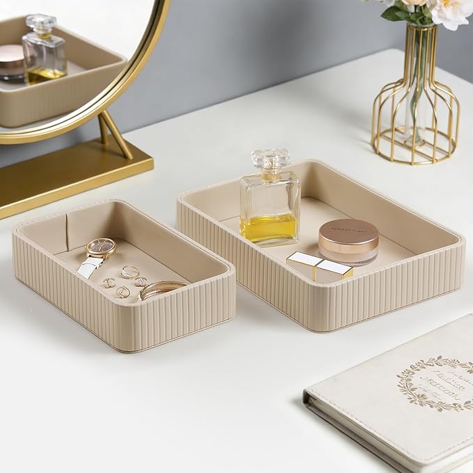 2 Pack Nightstand Organizer Tray, Decorative Perfume Valet Tray Trinket Dish Catch All Purse Key Bowl, PU Leather Coffee Table Trays for Vanity Dresser Bedside Bathroom Countertop (Beige)