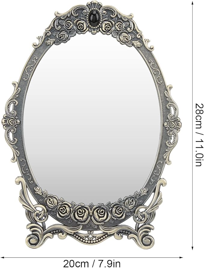 Cyrank Vintage Makeup Mirror, Oval Floral Mirror Decorative Tabletop Makeup Metal Vintage Cosmetic for Home Decorative(Bronze)