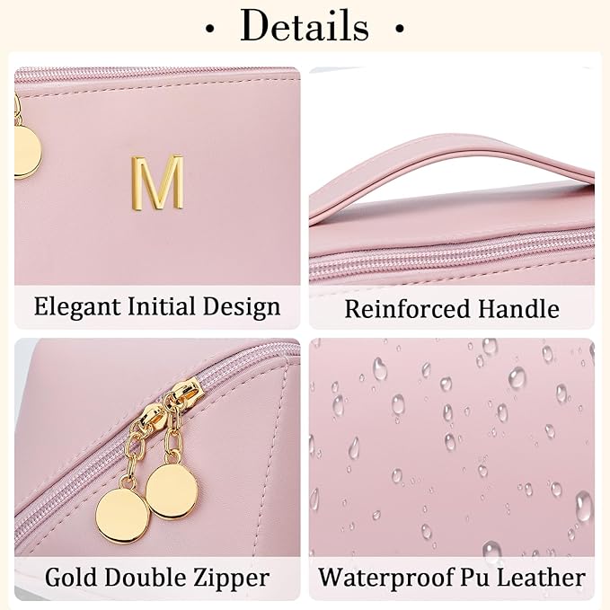 Birthday Gifts for Women Teen Girl, Personalized Initial Makeup Organizer Bag Set, Open Flat Travel Cosmetic Bag With Clear Divider and Handle(Pink,M)