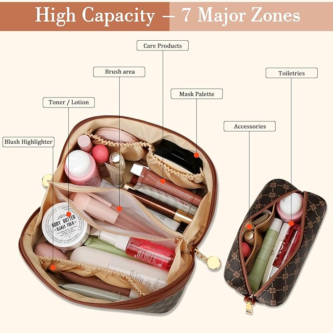 Birthday Gifts for Women Teen Girl, Personalized Initial Makeup Organizer Bag Set, Open Flat Travel Cosmetic Bag With Clear Divider and Handle(Coffee,R)