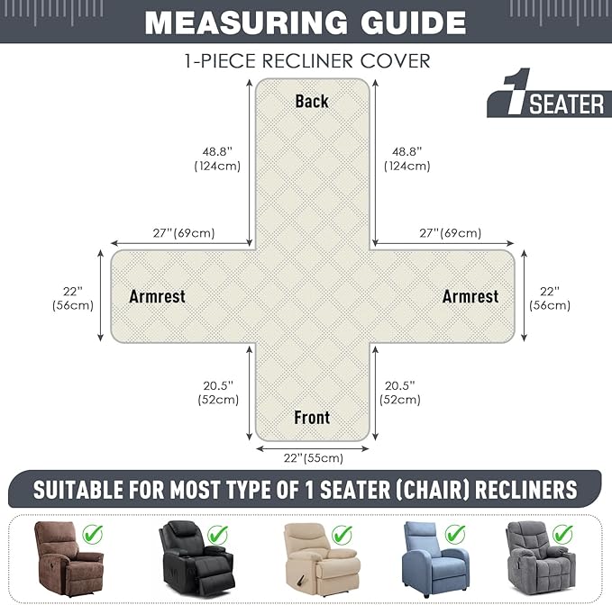 TAOCOCO 100% Waterproof Recliner Chair Covers, Non Slip Recliner Covers for Recliner Chair with Pocket, Washable Reclining Chair Cover Furniture Protector for Kids,Dogs(22'', Dark Grey)