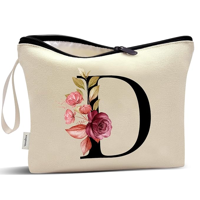 Vavabox A-Z Personalized Makeup Bag, Birthday Gifts for Women Mom, Gifts for Best Friend, Bride Bridesmaid Cosmetic bag (D, Yellow)
