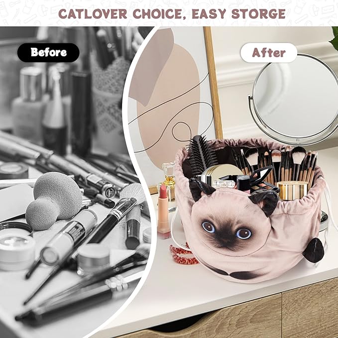 Drawstring Makeup Bag - Travel Organizer, Cosmetic Pouch, Cat Gift for Women, Lay Flat Bag for Cat Lovers