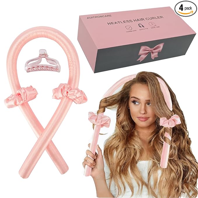 Heatless Hair Curlers for Long and Medium Hair,Silk Curls Headband with Gift Box,Satin Curling Rod Headband,No Heat Rollers to Sleep in Overnight(Pink)