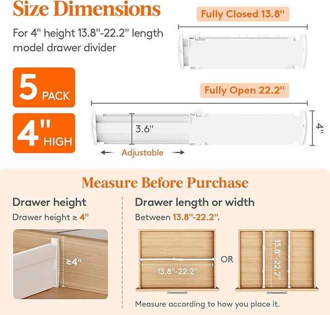 Lifewit 4" High 5 Pack Drawer Dividers, 35 –55cm/13.8-22.5" Drawer Divider for Clothes, Adjustable Dresser Drawer Organizers, Plastic Drawers Separators for Clothes, Bedroom, Bathroom, Kitchen, Office