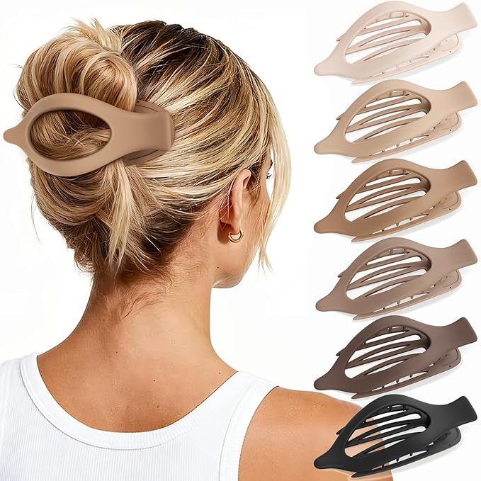 6 PCS Large Flat Hair Clips for Women Girls, French Concord Lay Down Flat Claw Clips for Thick Thin Hair, Comfortable Curved Flat Clip, Matte Non-slip Strong Hold Hair Accessories, Neutral