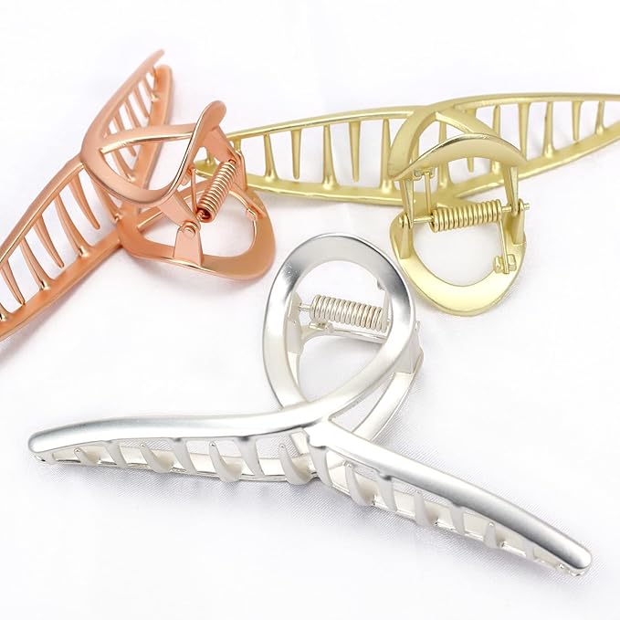 Hair Claw Big Shark Hair Barrette Clamps - Strong Hold Metal Barrettes for Women and Girls, Large Hair Accessories 3 Pcs (Matte Silver, Gold, Rose Gold)