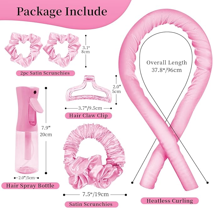 Heatless Hair Curler and Curling Scrunchie Set, Heatless Curls Overnight, Heatless Curling Rod With Spray Bottle, Overnight Blowout Rods, No Smell, No Heat Wave Curlers for All Hair Types (Pink)