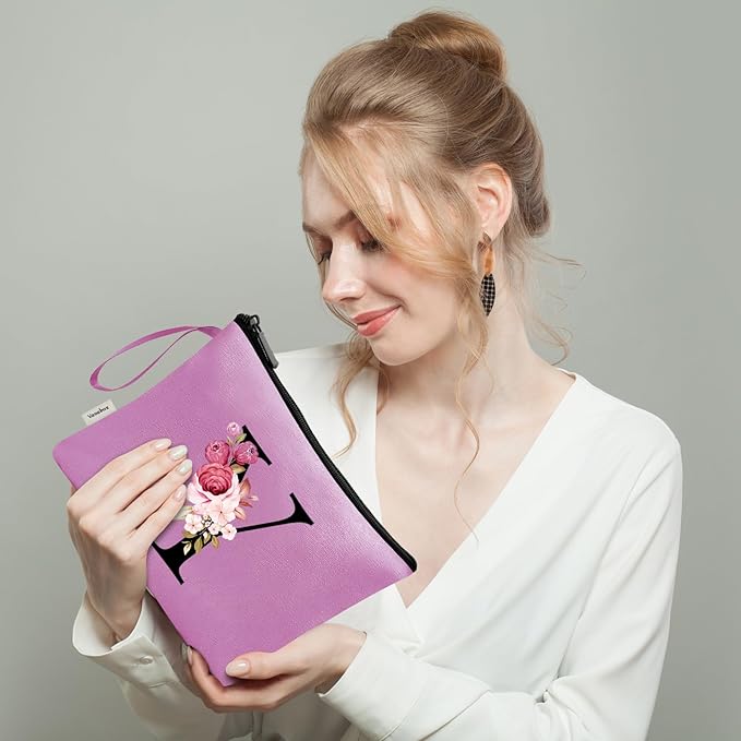 Vavabox A-Z Personalized Makeup Bag, Birthday Gifts for Women Mom, Gifts for Best Friend, Bride Bridesmaid Cosmetic bag (Y, Purple)