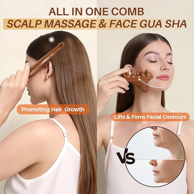 Olaemuo 4 in 1 Gua Sha Tool for Face,Scalp Massager with Gift Box,Massage Comb for Head,Face,Eye,Neck & Body Meridian Therapy Tool for Relaxation,Natural Sandalwood