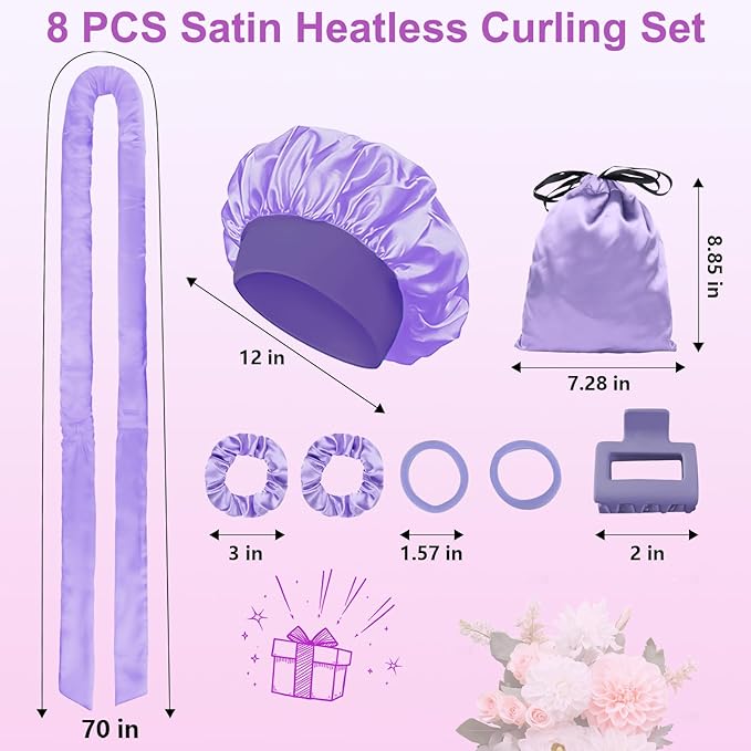 70" Heatless Curls Overnight Hair Curlers to Sleep In for Long Hair, Overnight Curls Heatless Hair Curler No Heat Curlers, Soft Satin Heatless Curling Set with Bonnet for Women - 8 PCS, Purple