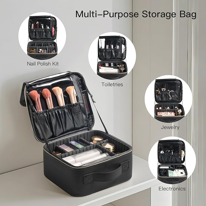 BEAUTY CASE Makeup Travel Case 10 Inch, Large Storage Capacity Makeup Organizer Travel Bag with Compartment, Portable Cosmetic Case for Women, Waterproof, Durable, Gift for Her, Black